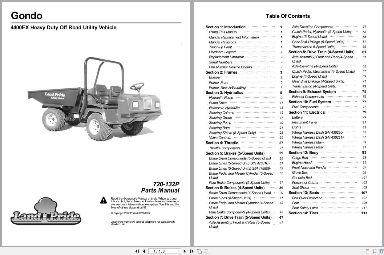 Land Pride Heavy Duty Off Road Utility Vehicle Gondo 4400EX Parts Manual 720 132P (1)