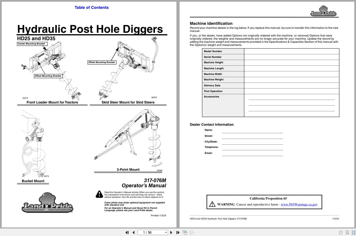 Land Pride Hydraulic Post Hole Digger HD25 HD35 Operation Manual 317 076M (1)
