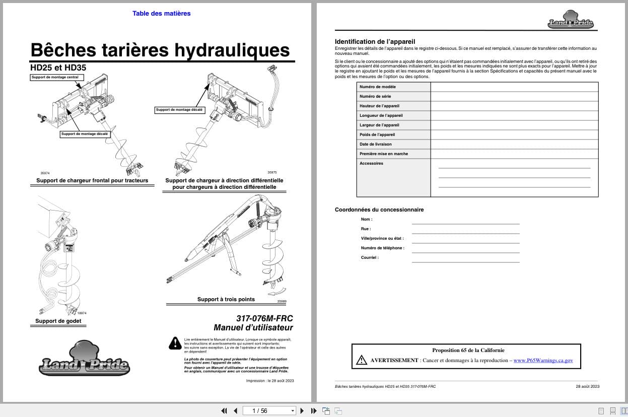 Land Pride Hydraulic Post Hole Digger HD25 HD35 Operator Manual 317 076M FRC FR (1)