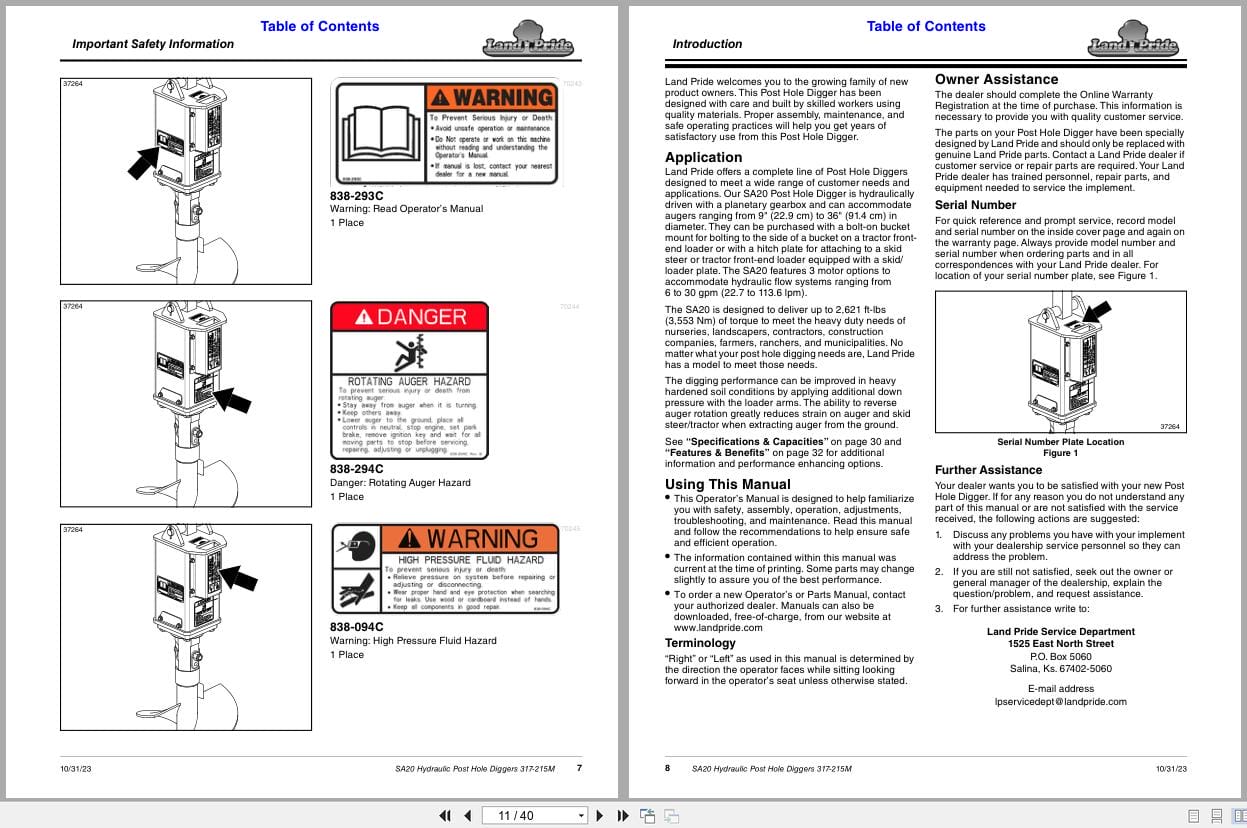 Land Pride Hydraulic Post Hole Digger SA20 Operation Manual 317 215M (2)