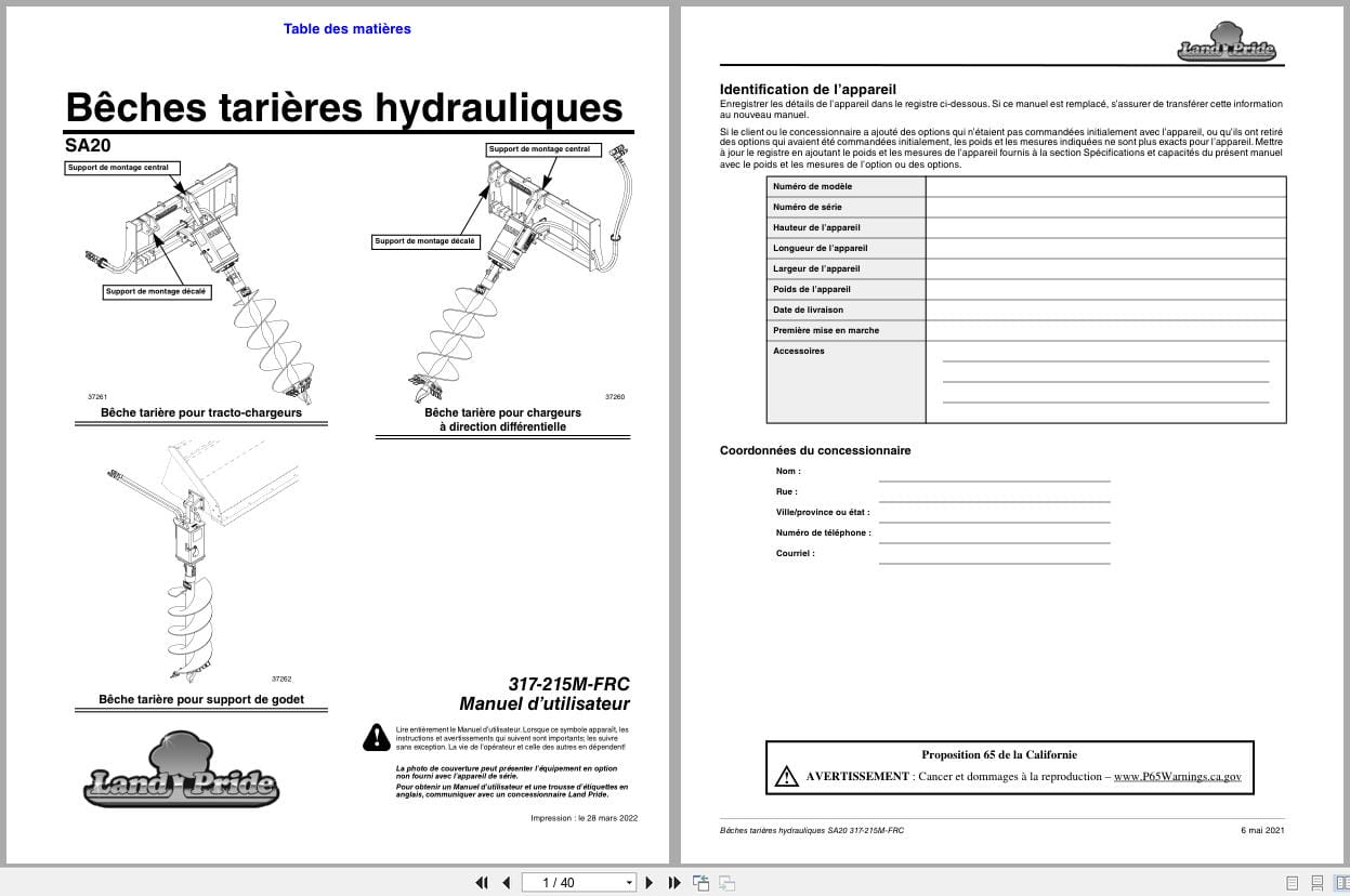 Land Pride Hydraulic Post Hole Digger SA20 Operator Manual 317 215M FRC FR (1)