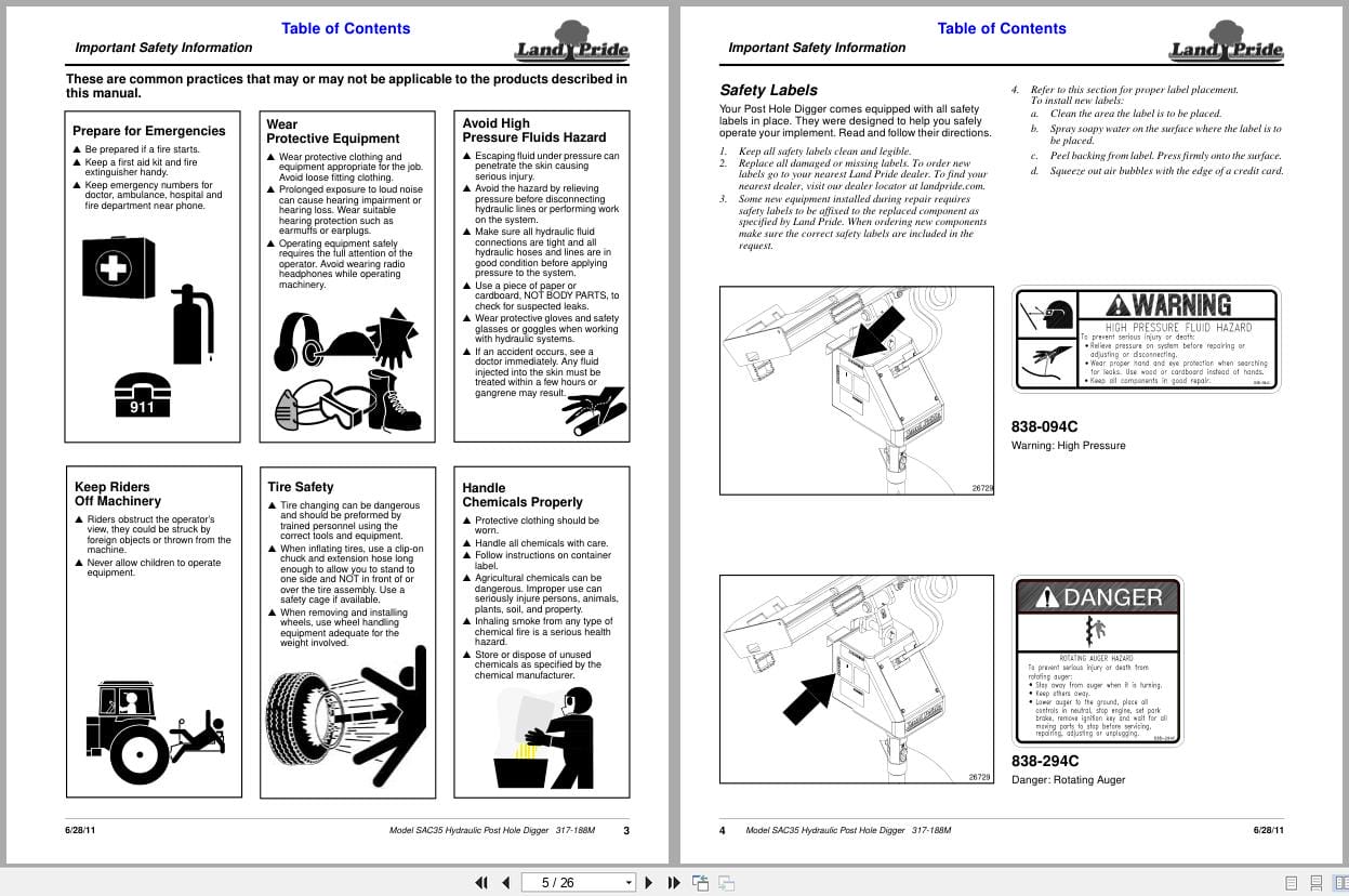 Land Pride Hydraulic Post Hole Digger SAC35 Operation Manual 317 188M (2)