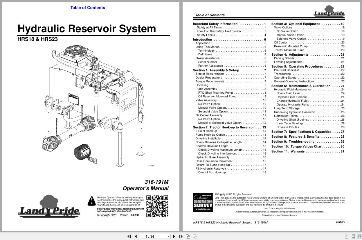 Land Pride Hydraulic Reservoir System HRS18 HRS23 Operation Manual 316 191M (1)