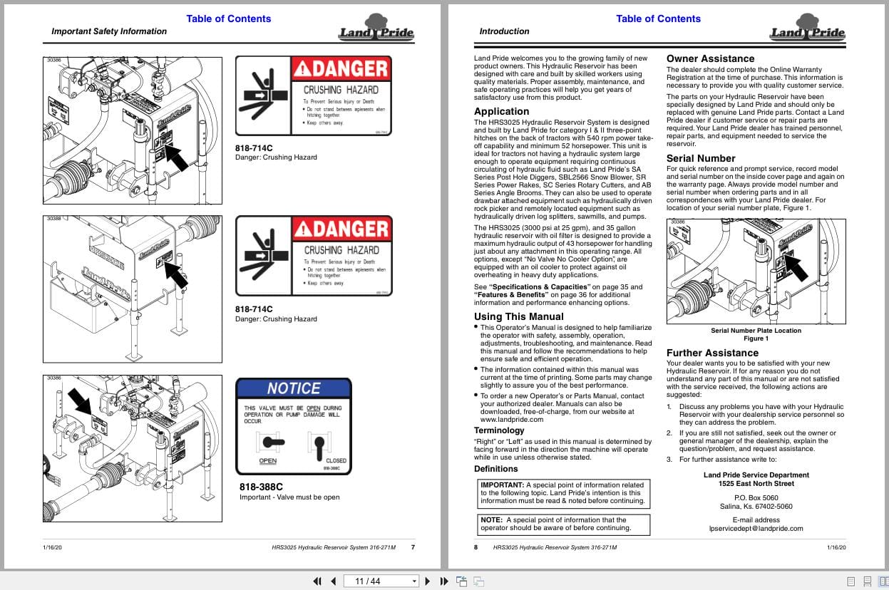 Land Pride Hydraulic Reservoir System HRS3025 Operation Manual 316 271M (2)