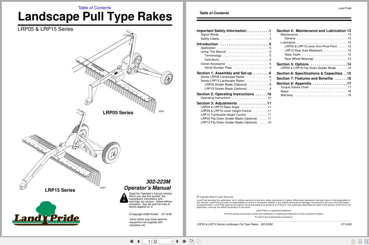Land Pride Landscape Pull Type Rakes LRP05 LRP15 Series Operator Manual 302 223M (1)