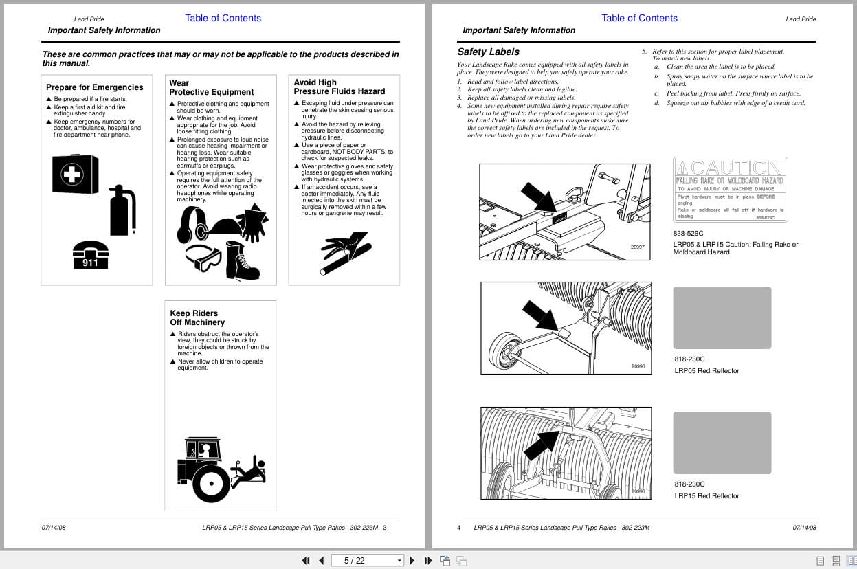 Land Pride Landscape Pull Type Rakes LRP05 LRP15 Series Operator Manual 302 223M (2)