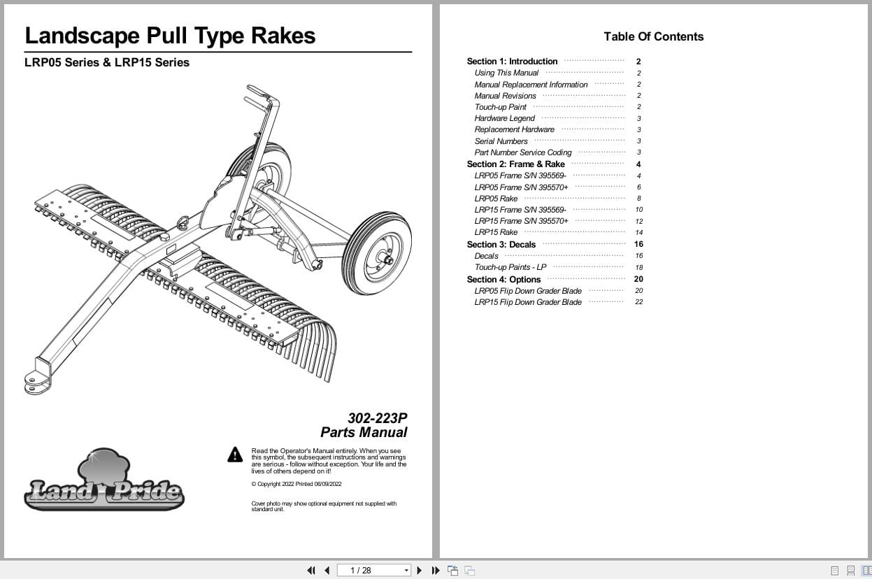 Land Pride Landscape Pull Type Rakes LRP05 LRP15 Series Parts Manual 302 223P (1)