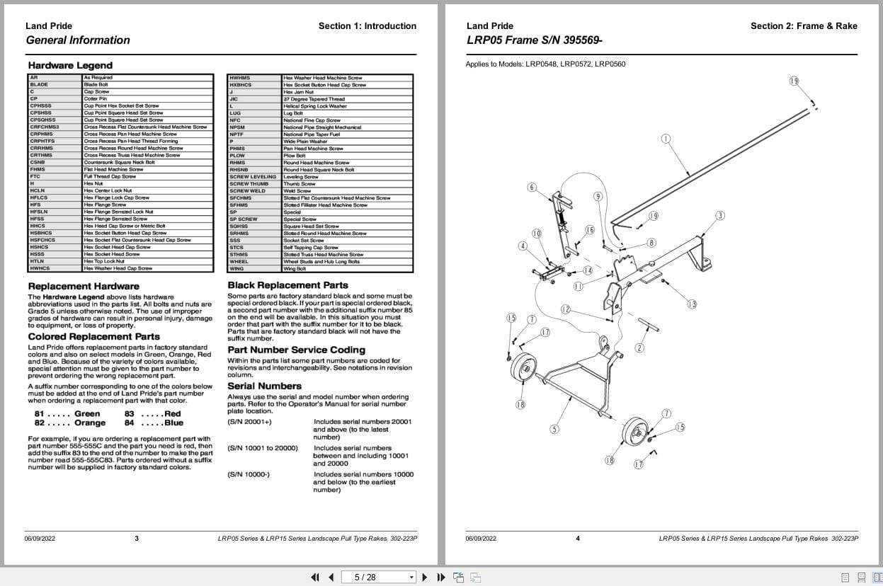Land Pride Landscape Pull Type Rakes LRP05 LRP15 Series Parts Manual 302 223P (2)