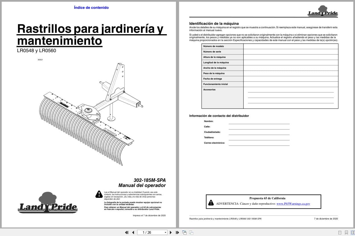 Land Pride Landscape Rakes LR0548 LR0560 Operator Manual 302 185M SPA ES (1)