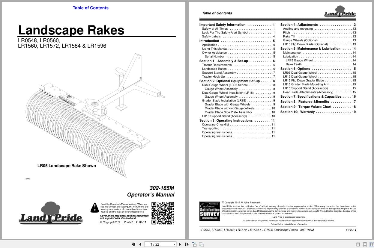 Land Pride Landscape Rakes LR0548 to LR1596 Operation Manual 302 185M (1)