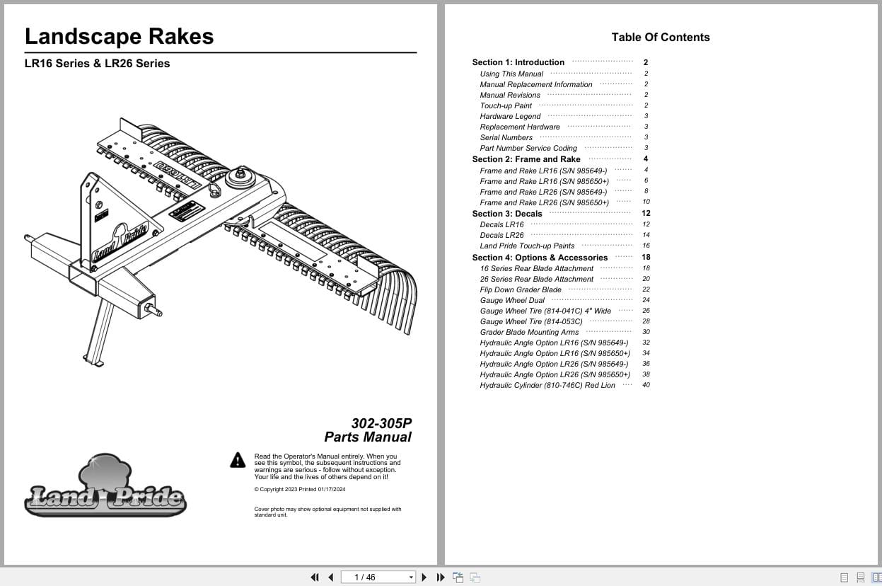 Land Pride Landscape Rakes LR16 LR26 Series Parts Manual 302 305P (1)