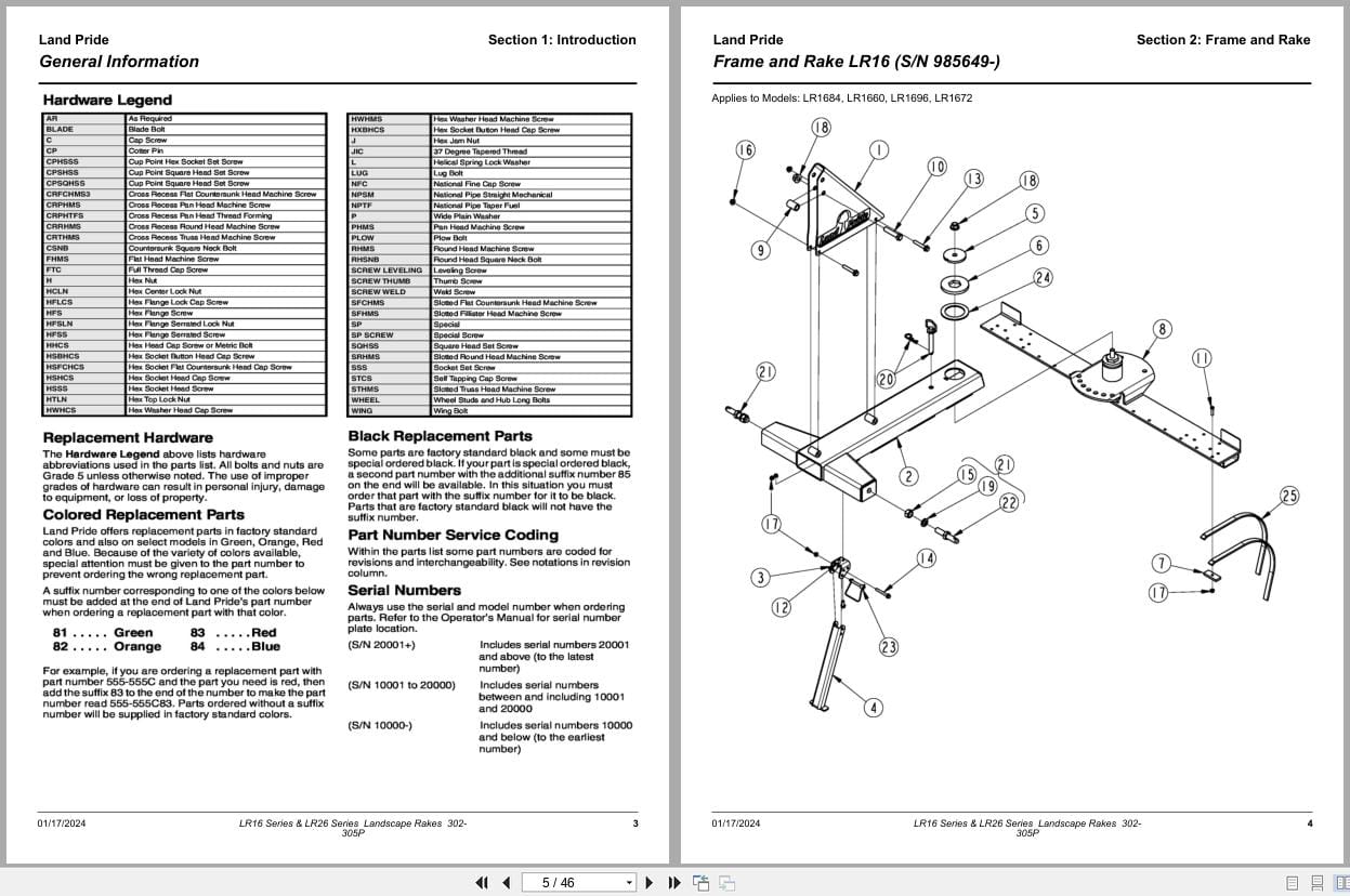 Land Pride Landscape Rakes LR16 LR26 Series Parts Manual 302 305P (2)