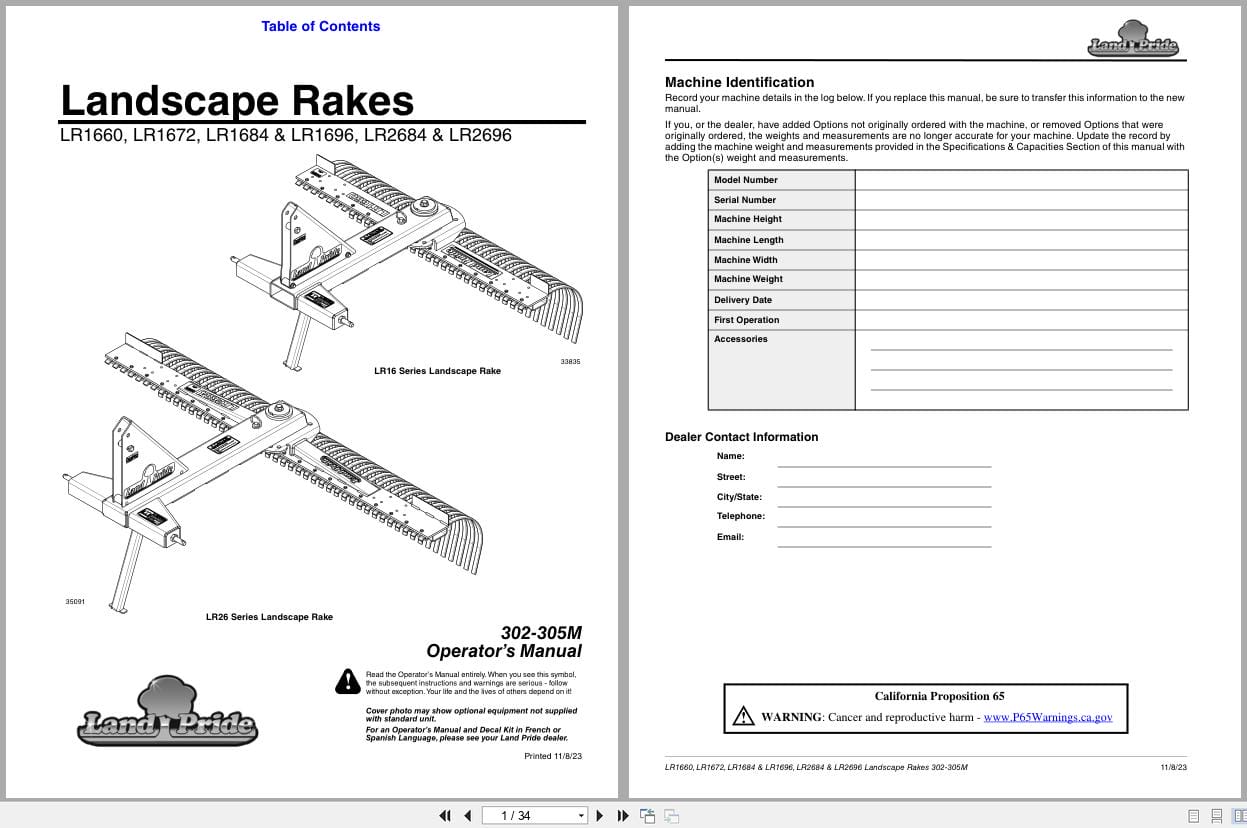 Land Pride Landscape Rakes LR1660 LR1672 LR1684 LR1696 LR2684 LR2696 Operation Manual 302 305M (1)