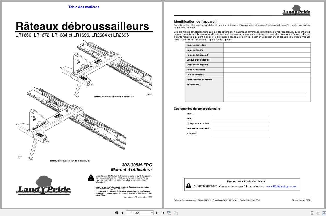 Land Pride Landscape Rakes LR1660 to LR2696 Operator Manual 302 305M FRC FR (1)