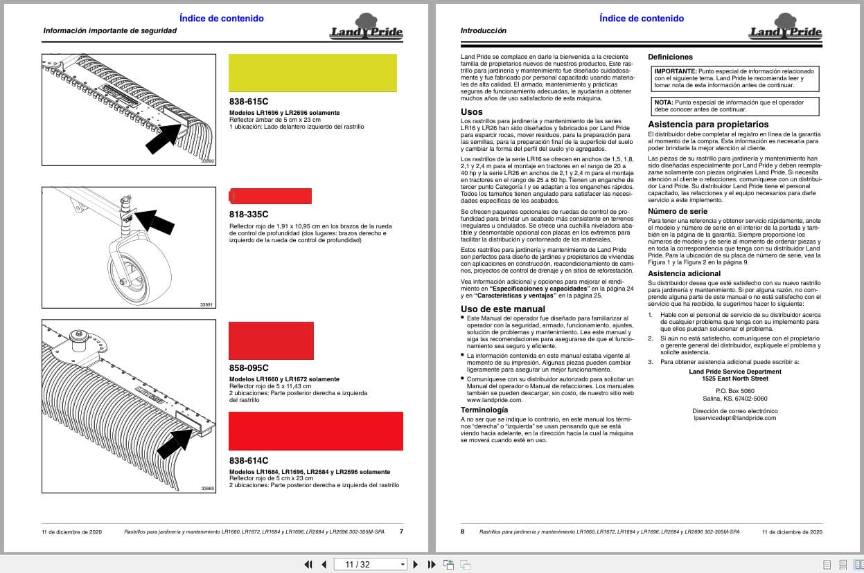 Land Pride Landscape Rakes LR1660 to LR2696 Operator Manual 302 305M SPA ES (2)