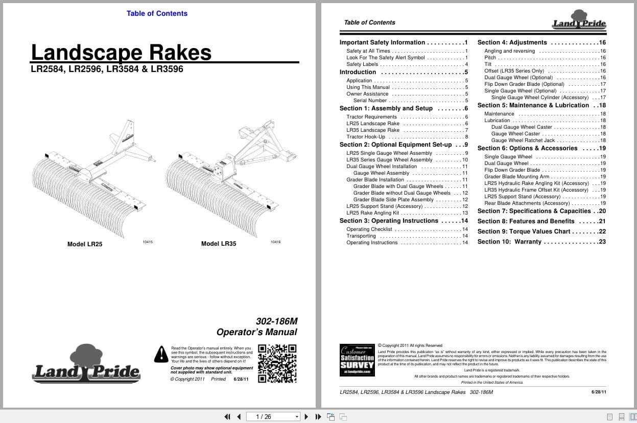 Land Pride Landscape Rakes LR2584 LR2596 LR3584 LR3596 Operation Manual 302 186M (1)
