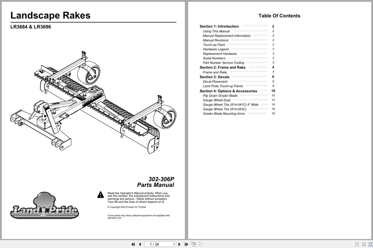 Land Pride Landscape Rakes LR3684 LR3696 Parts Manual 302 306P (1)