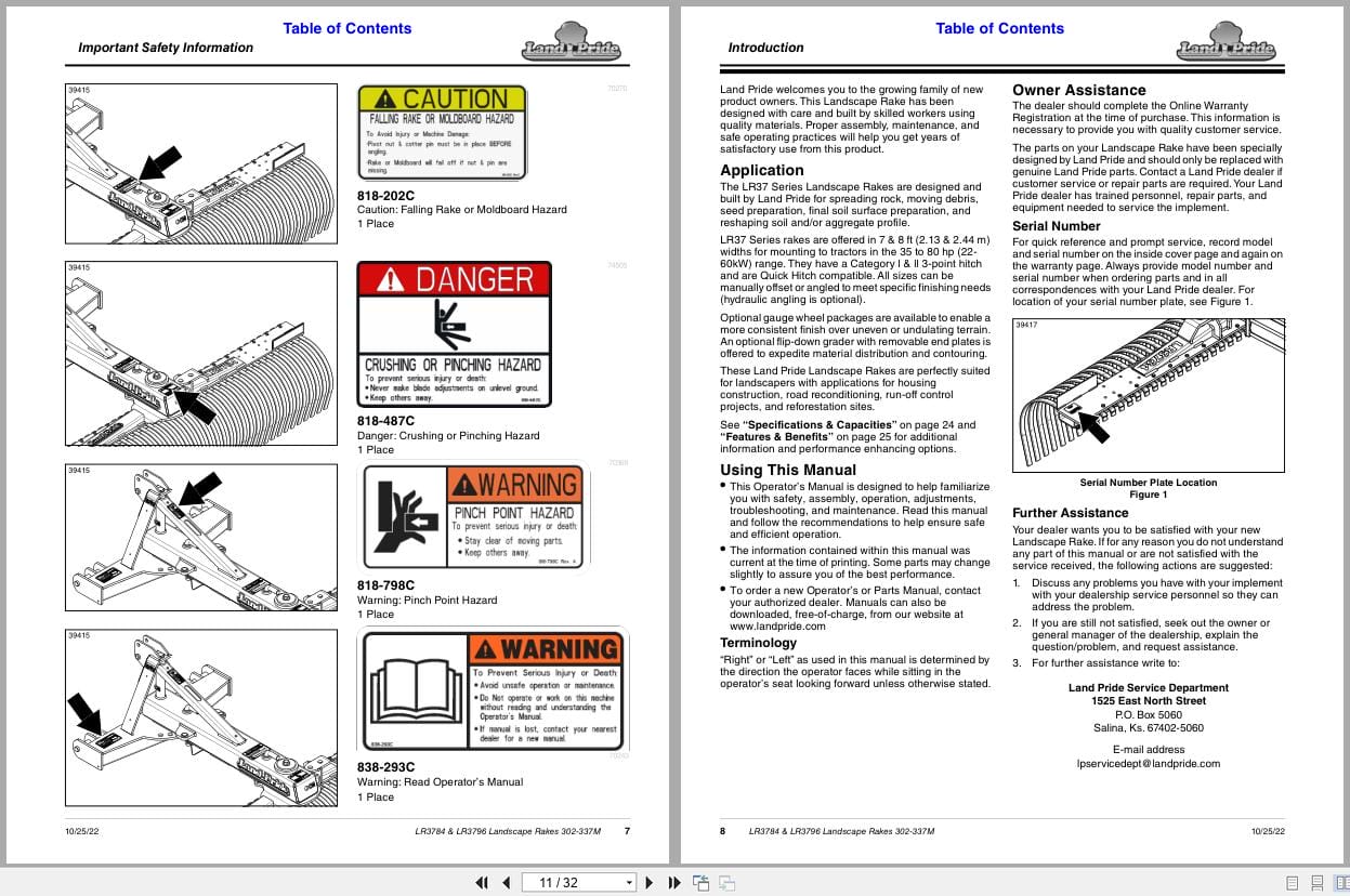 Land Pride Landscape Rakes LR3784 LR3796 Operation Manual 302 337M (2)