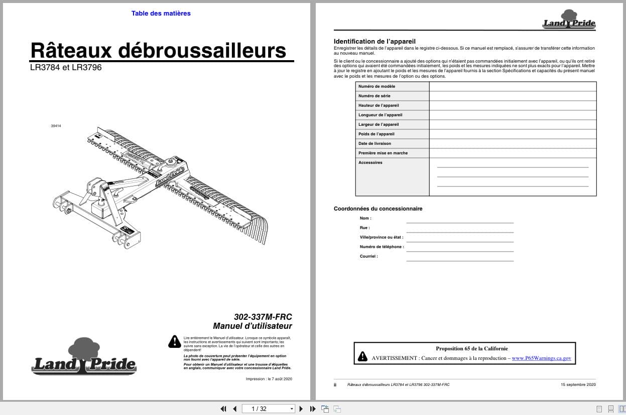 Land Pride Landscape Rakes LR3784 LR3796 Operator Manual 302 337M FRC FR (1)