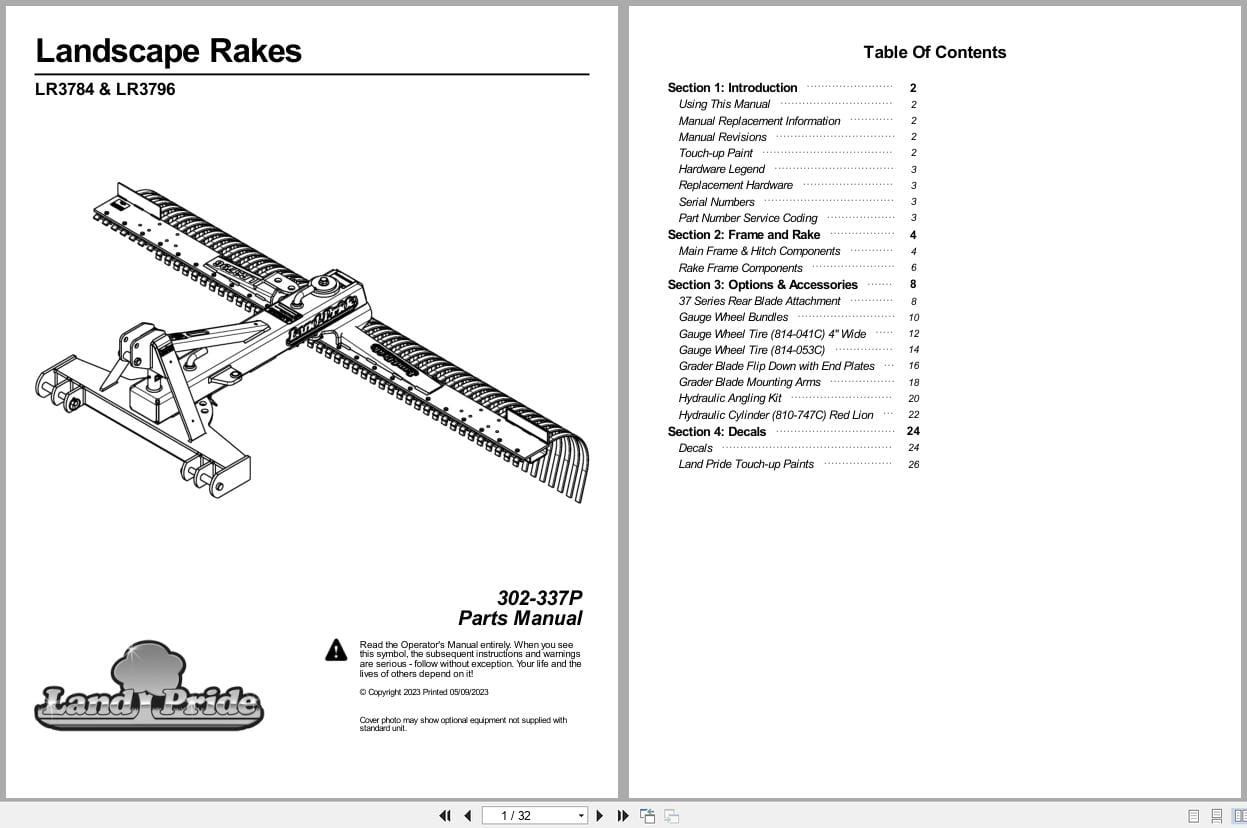 Land Pride Landscape Rakes LR3784 LR3796 Parts Manual 302 337P (1)