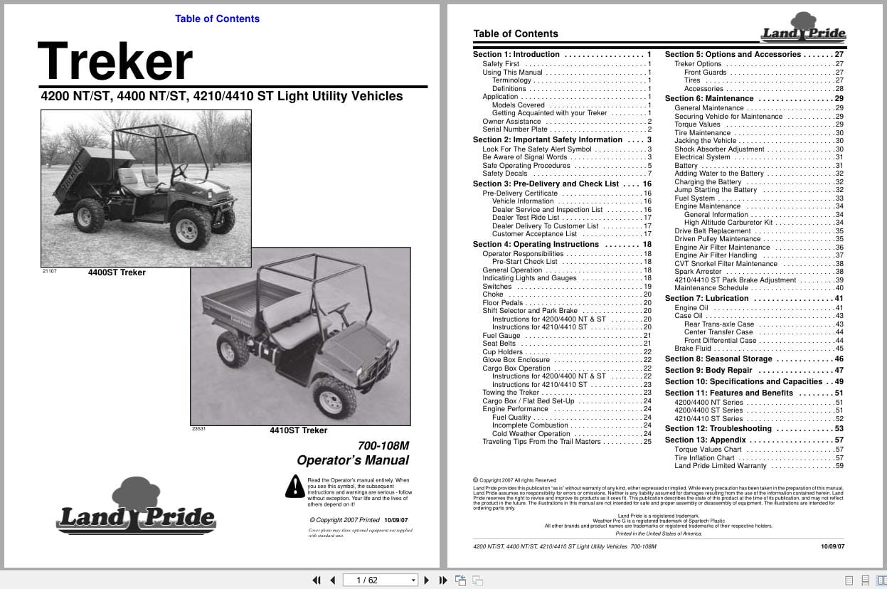 Land Pride Light Utility Vehicles Treker 4200 NT to 4410 ST Operator Manual 700 108M (1)