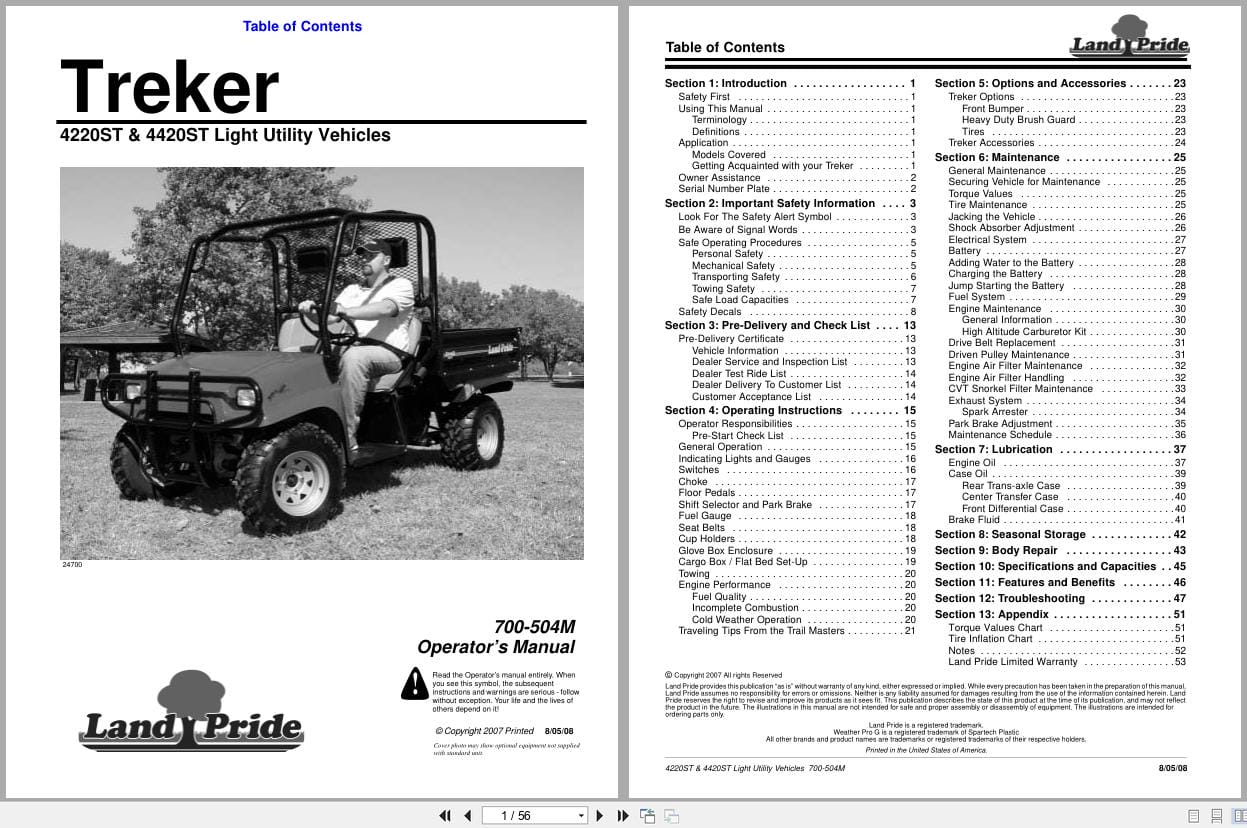 Land Pride Light Utility Vehicles Treker 4220ST 4420ST Operator Manual 700 504M (1)