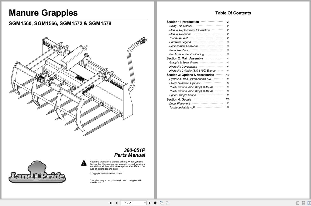 Land Pride Manure Grapples SGM1560 SGM1566 SGM1572 SGM1578 Parts Manual 380 051P (1)