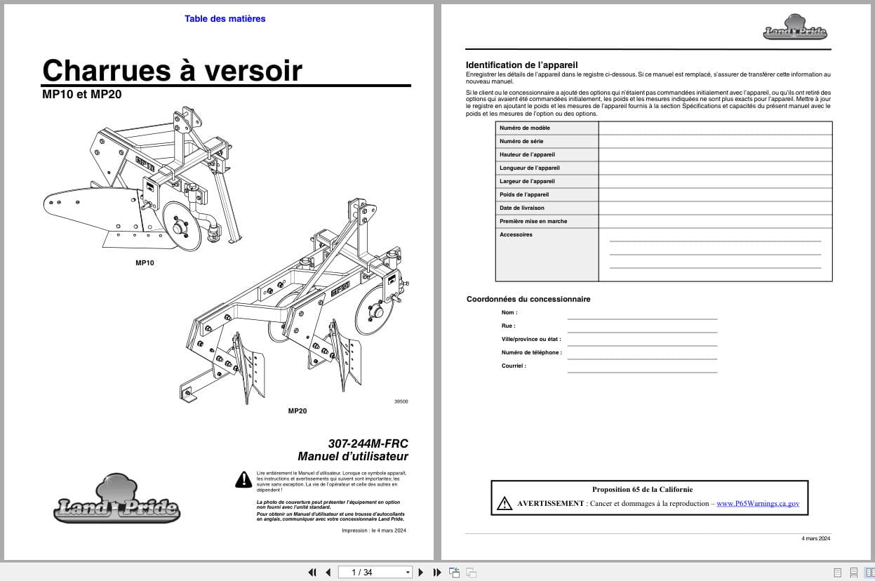 Land Pride Moldboard Plows MP10 MP20 Operator Manual 307 244M FRC FR (1)