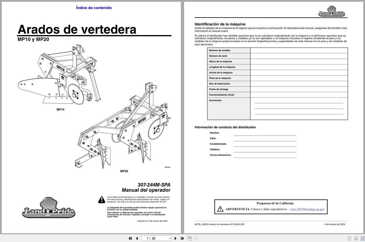 Land Pride Moldboard Plows MP10 MP20 Operator Manual 307 244M SPA ES (1)