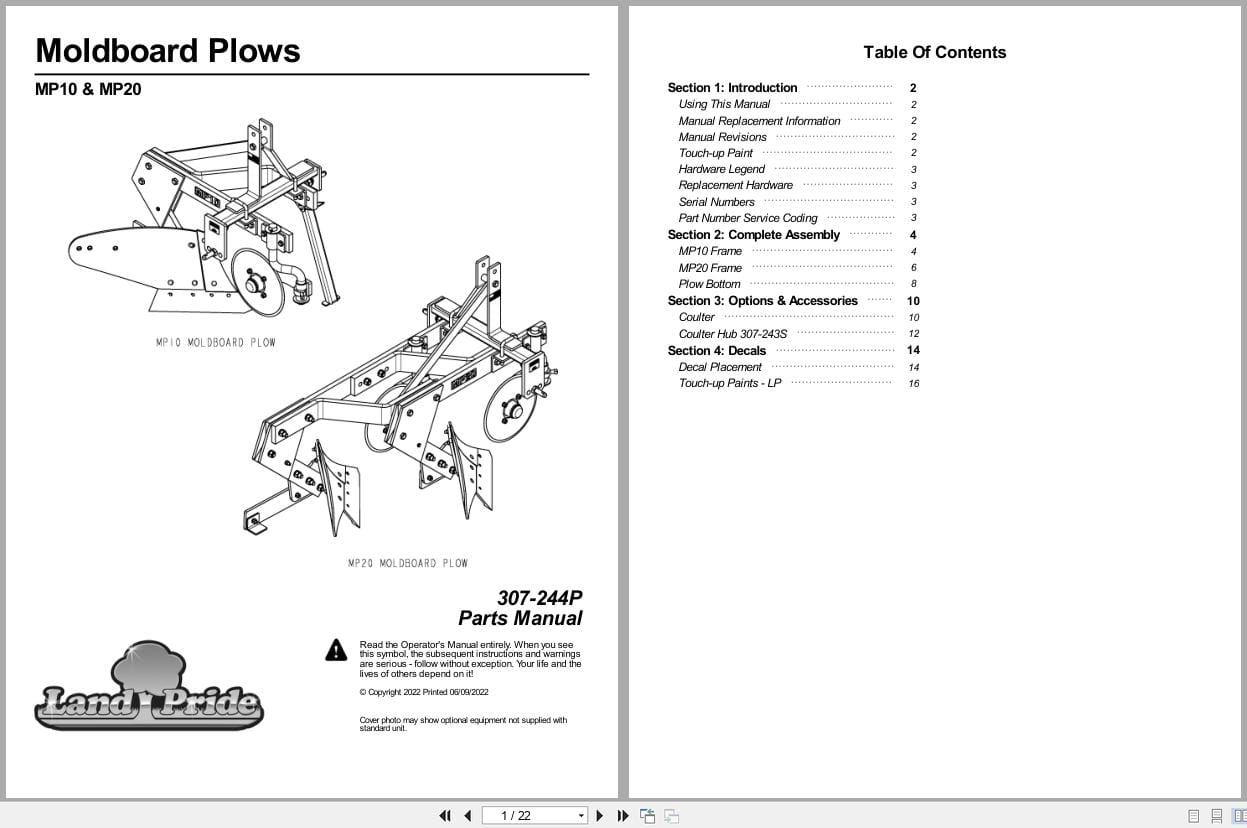 Land Pride Moldboard Plows MP10 MP20 Parts Manual 307 244P (1)