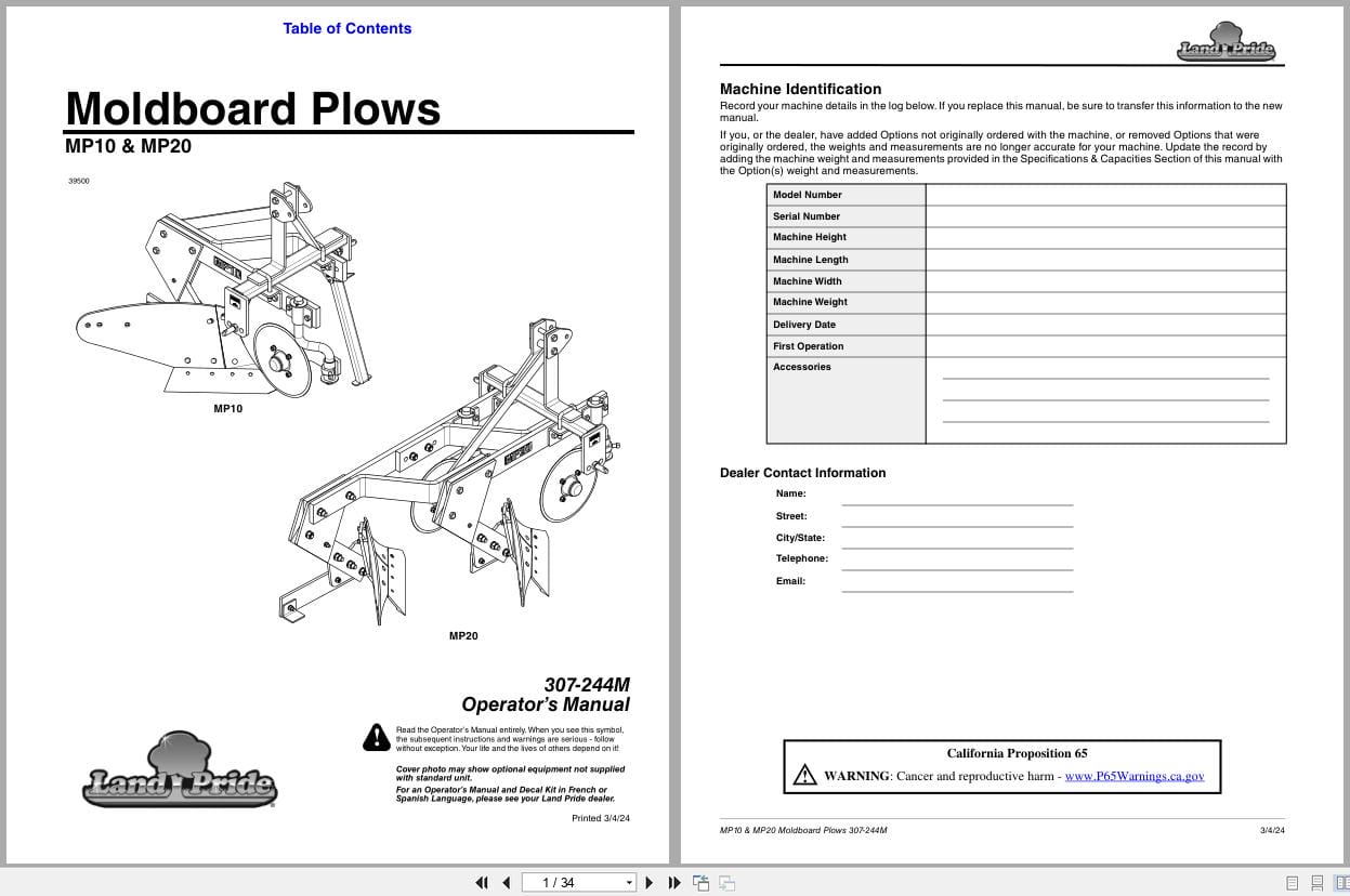 Land Pride Moldboard Plows MP20 MP10 Operation Manual 307 244M (1)