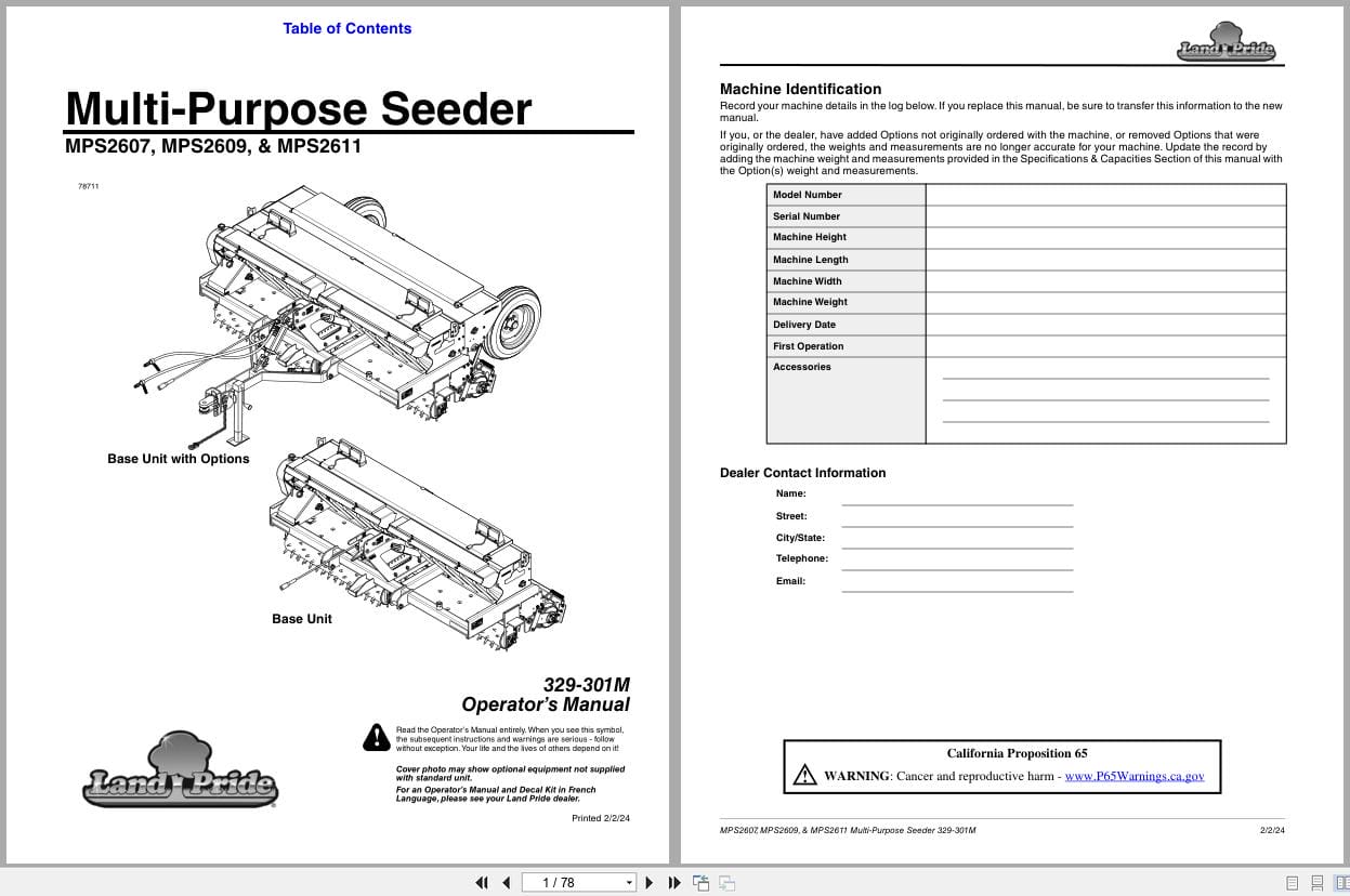 Land Pride Multi Purpose Seeder MPS2607 MPS2609 MPS2611 Operation Manual 329 301M (1)