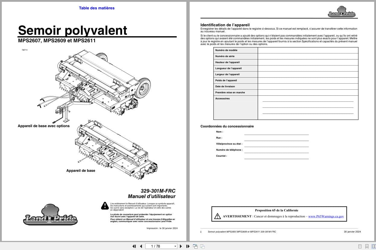 Land Pride Multi Purpose Seeder MPS2607 MPS2609 MPS2611 Operator Manual 329 301M FRC FR (1)