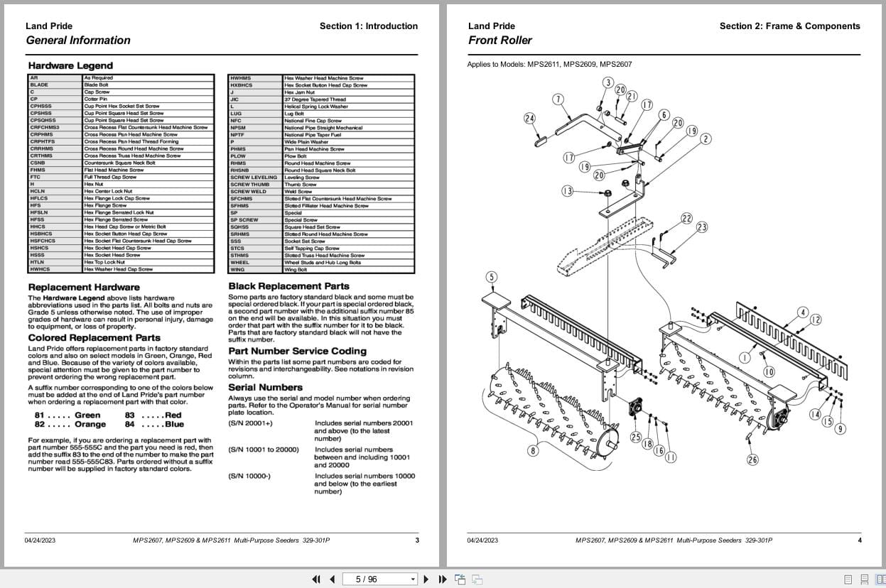 Land Pride Multi Purpose Seeder MPS2607 MPS2609 MPS2611 Parts Manual 329 301P (2)