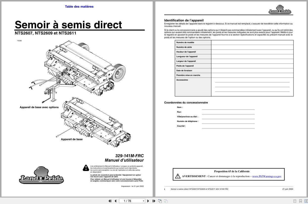 Land Pride Multi Purpose Seeder NTS2607 NTS2609 NTS2611 Operator Manual 329 141M FRC FR (1)