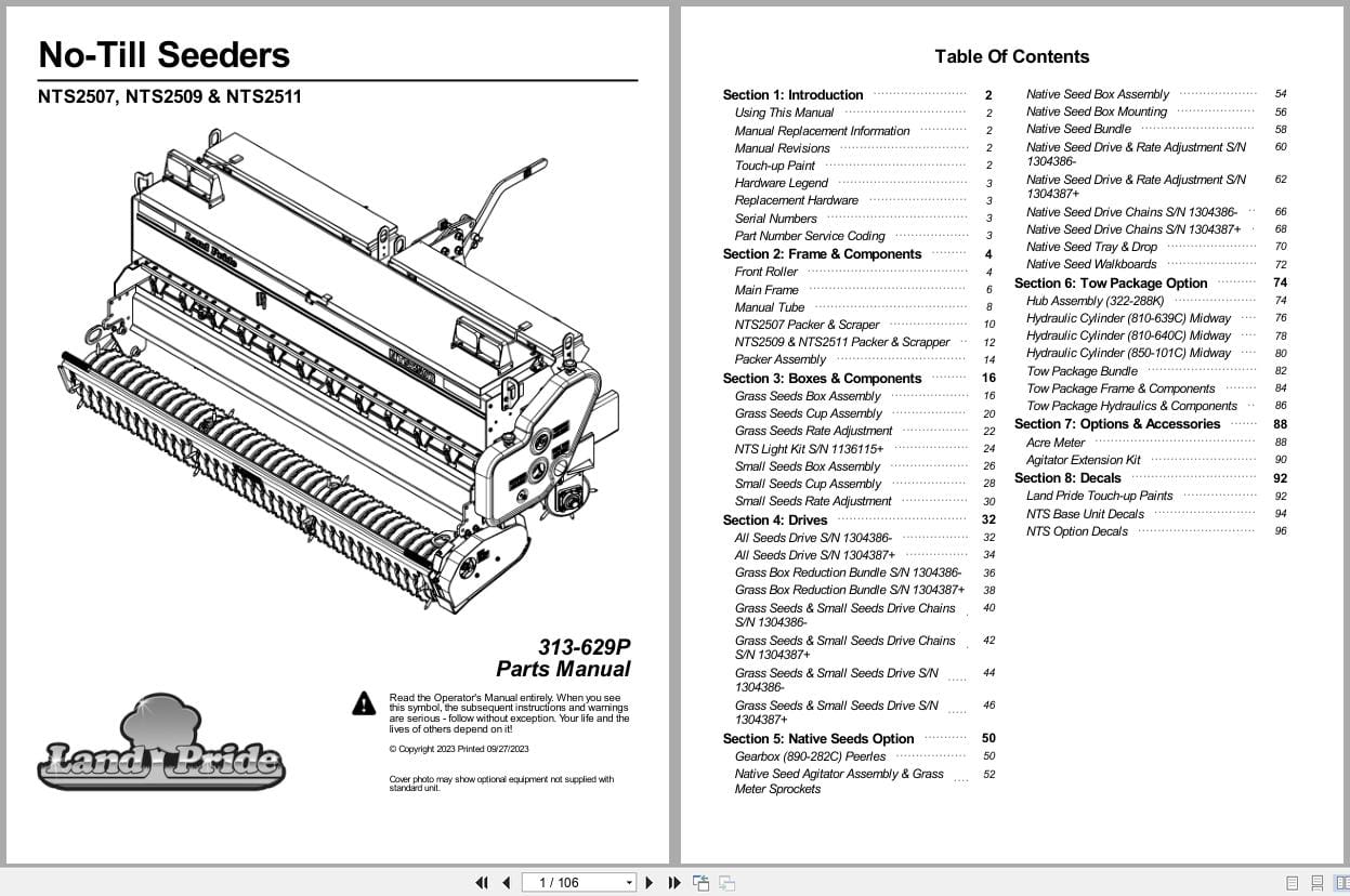 Land Pride No Till Ripper NTS2507 NTS2509 NTS2511 Parts Manual 313 629P (1)