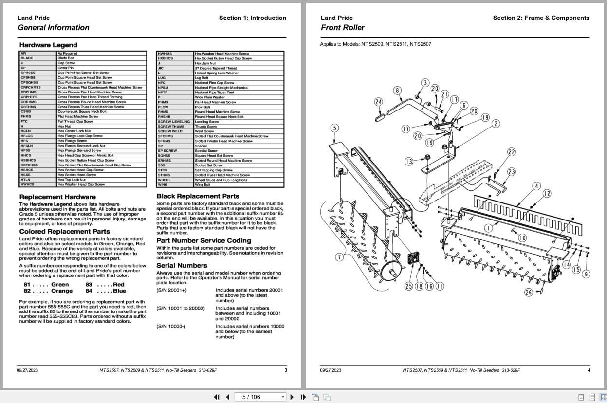 Land Pride No Till Ripper NTS2507 NTS2509 NTS2511 Parts Manual 313 629P (2)
