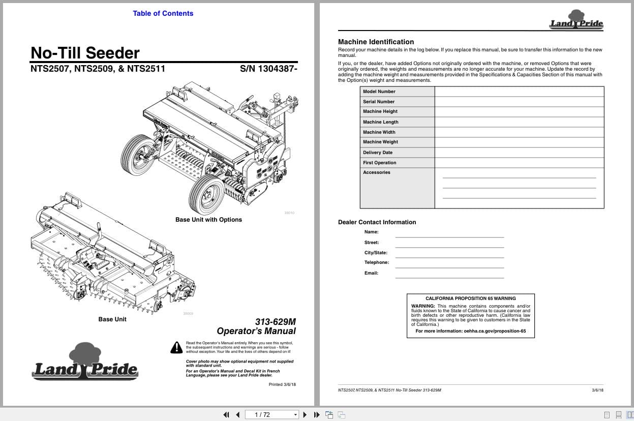 Land Pride No Till Seeder NTS2507 NTS2509 NTS2511 Operation Manual 313 629M 2018 (1)