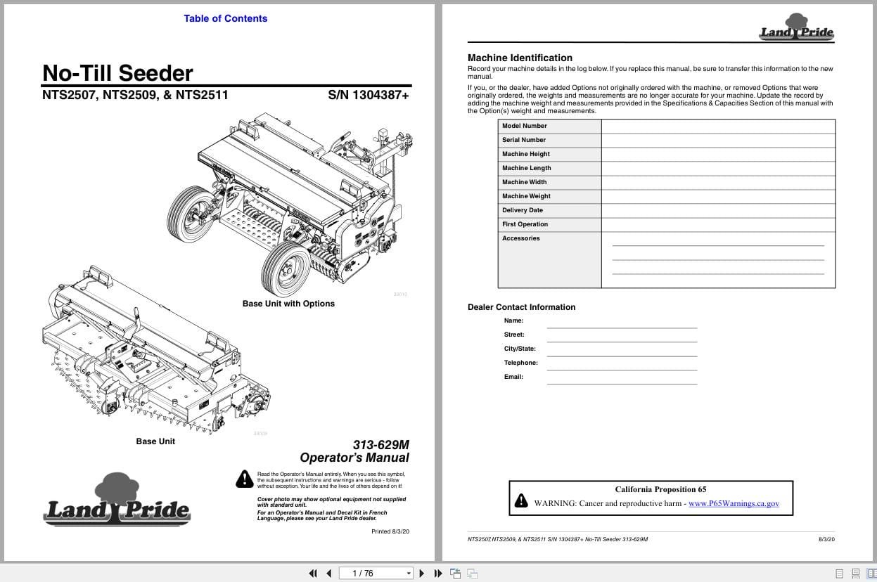Land Pride No Till Seeder NTS2507 NTS2509 NTS2511 Operation Manual 313 629M 2020 (1)