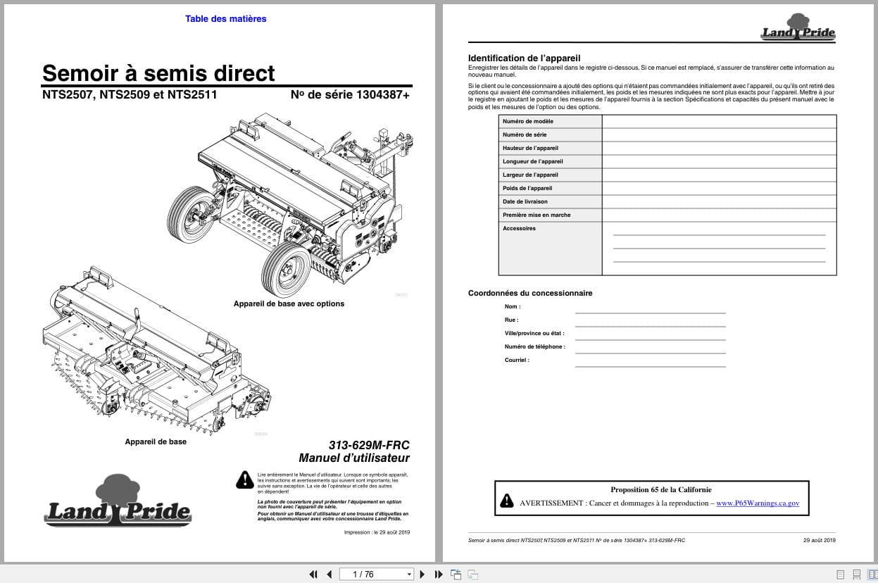Land Pride No Till Seeder NTS2507 NTS2509 NTS2511 Operator Manual 313 629M FRC FR (1)
