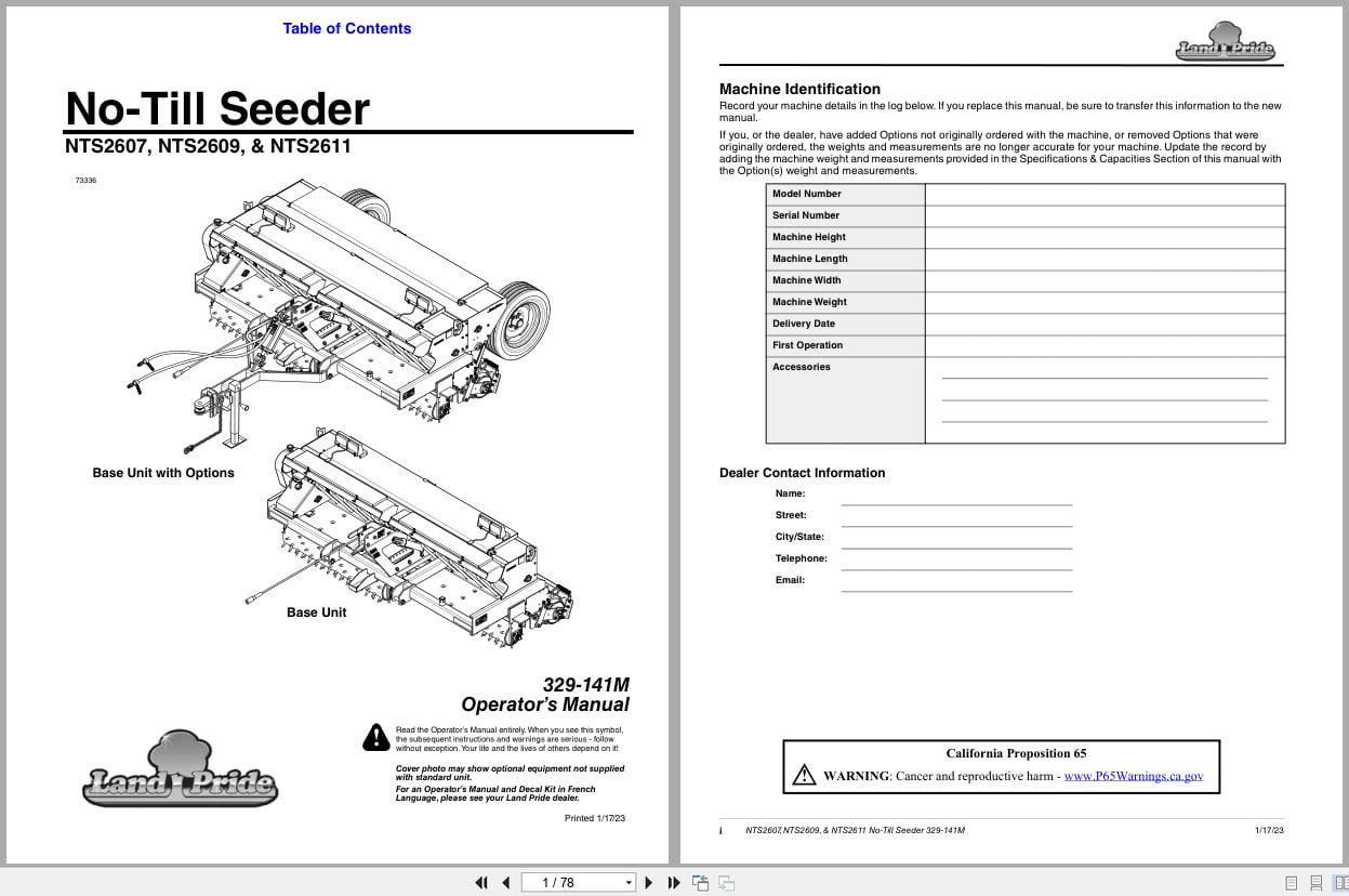 Land Pride No Till Seeder NTS2607 NTS2609 NTS2611 Operation Manual 329 141M (1)