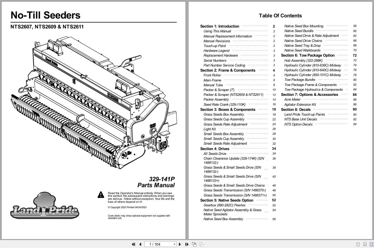 Land Pride No Till Seeder NTS2607 NTS2609 NTS2611 Parts Manual 329 141P (1)