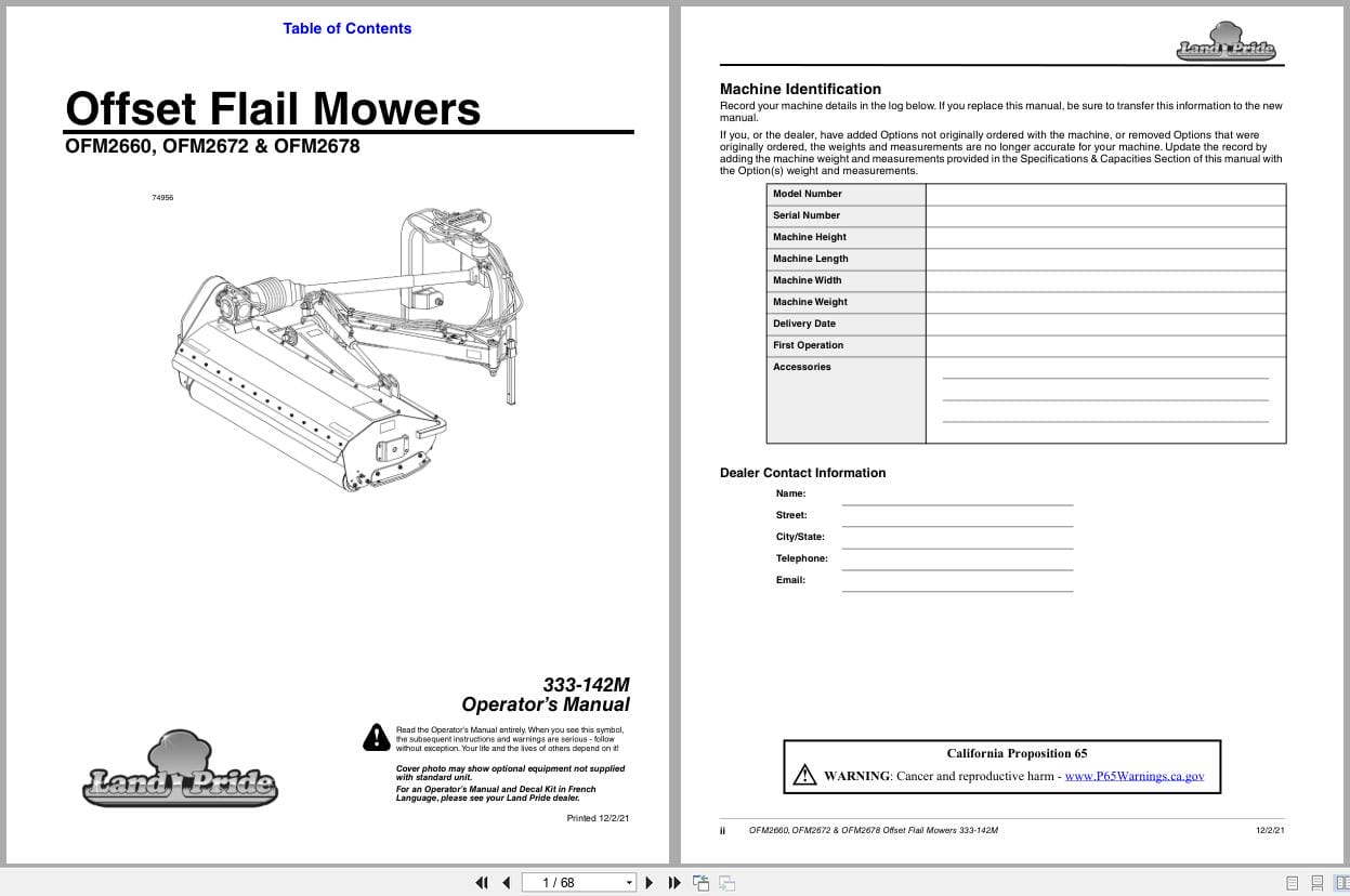 Land Pride Offset Flail Mower OFM2660 OFM2672 OFM2678 Operation Manual 333 142M (1)