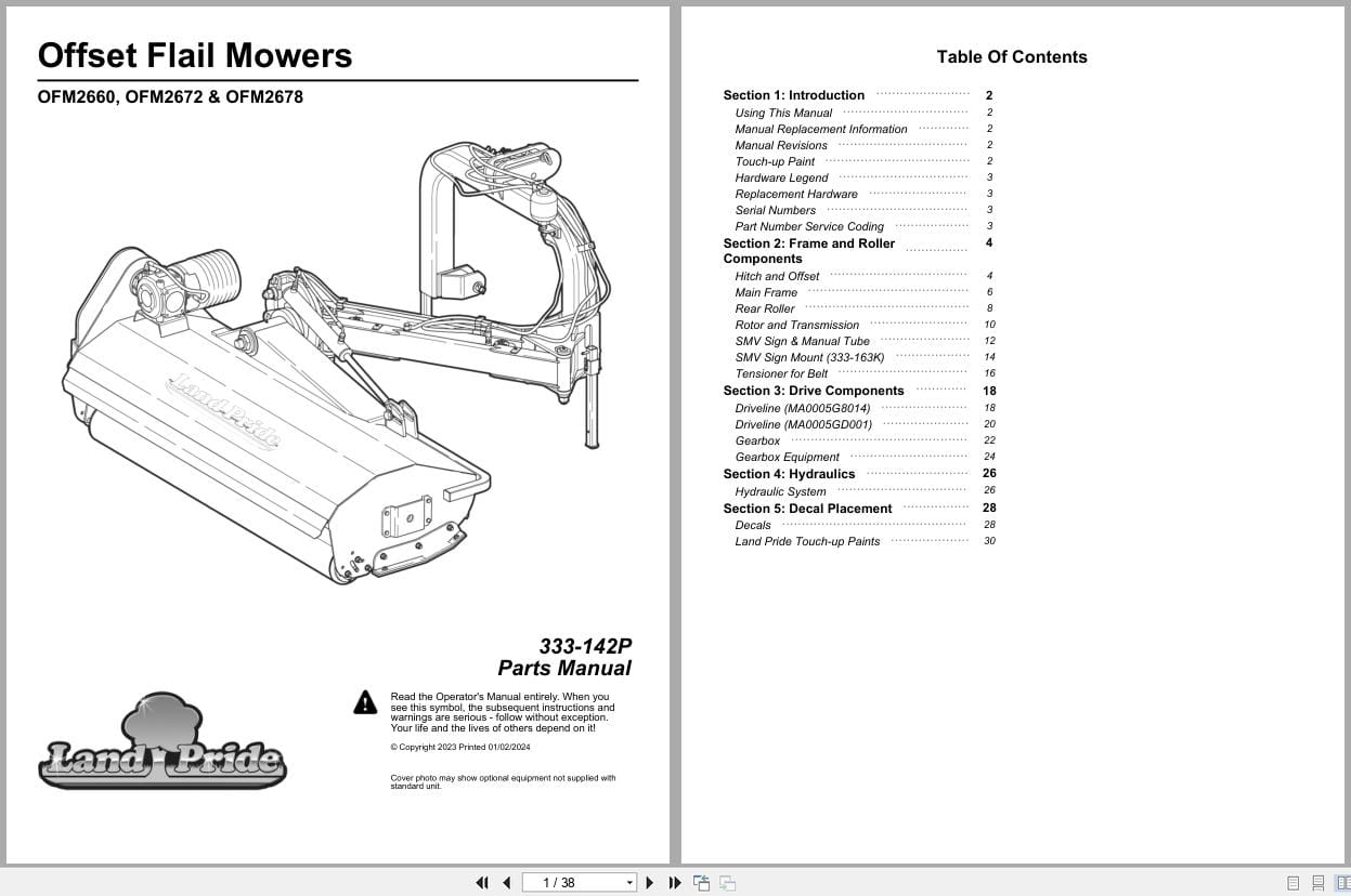 Land Pride Offset Flail Mower OFM2660 OFM2672 OFM2678 Parts Manual 333 142P (1)