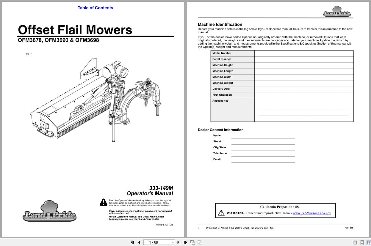 Land Pride Offset Flail Mower OFM3678 OFM3690 OFM3698 Operation Manual 333 149M (1)