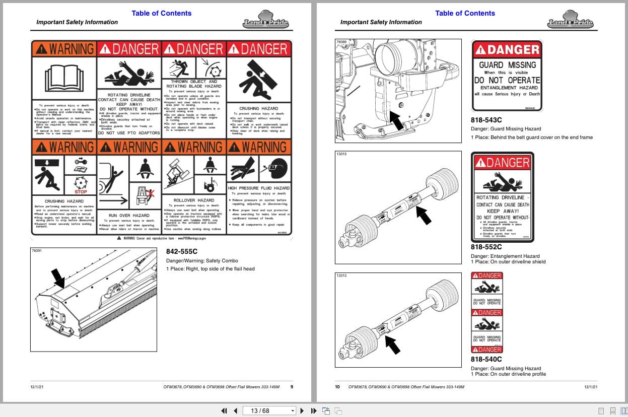 Land Pride Offset Flail Mower OFM3678 OFM3690 OFM3698 Operation Manual 333 149M (2)
