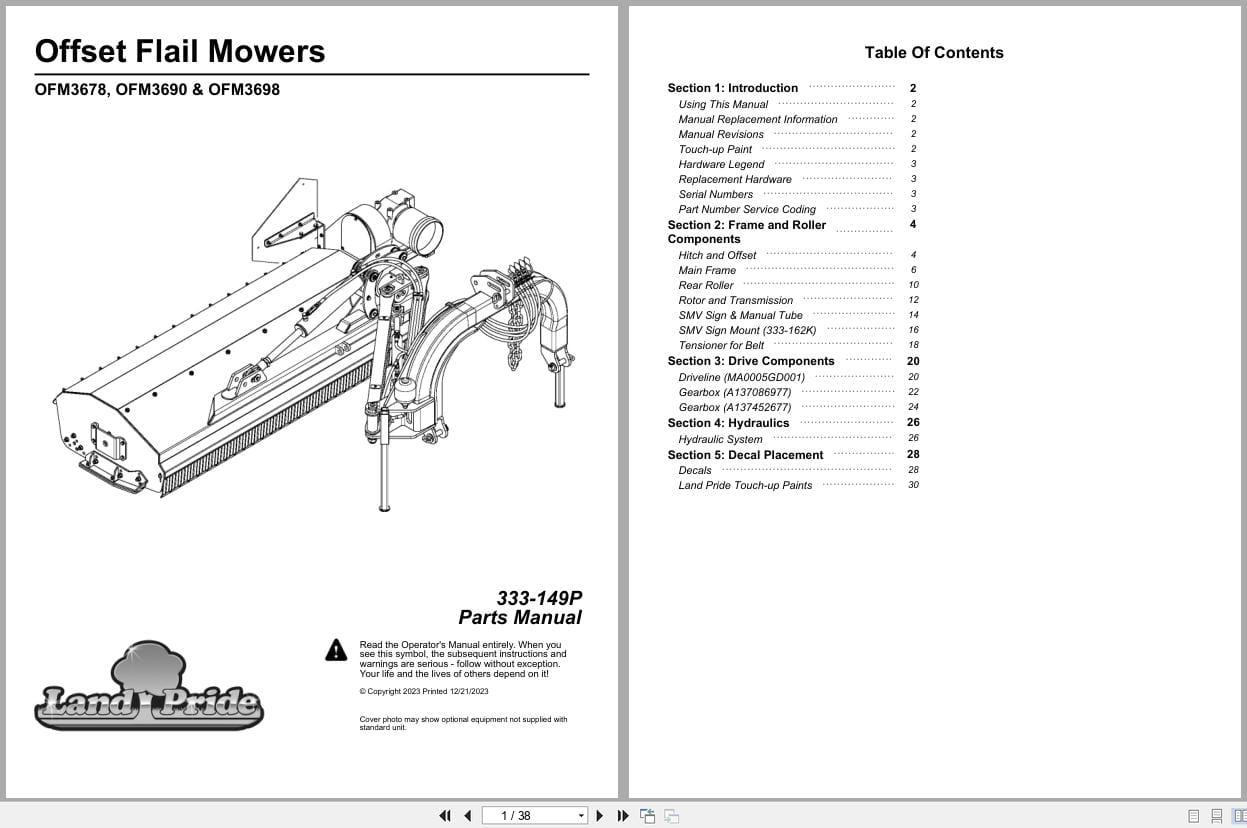 Land Pride Offset Flail Mower OFM3678 OFM3690 OFM3698 Parts Manual 333 149P (1)