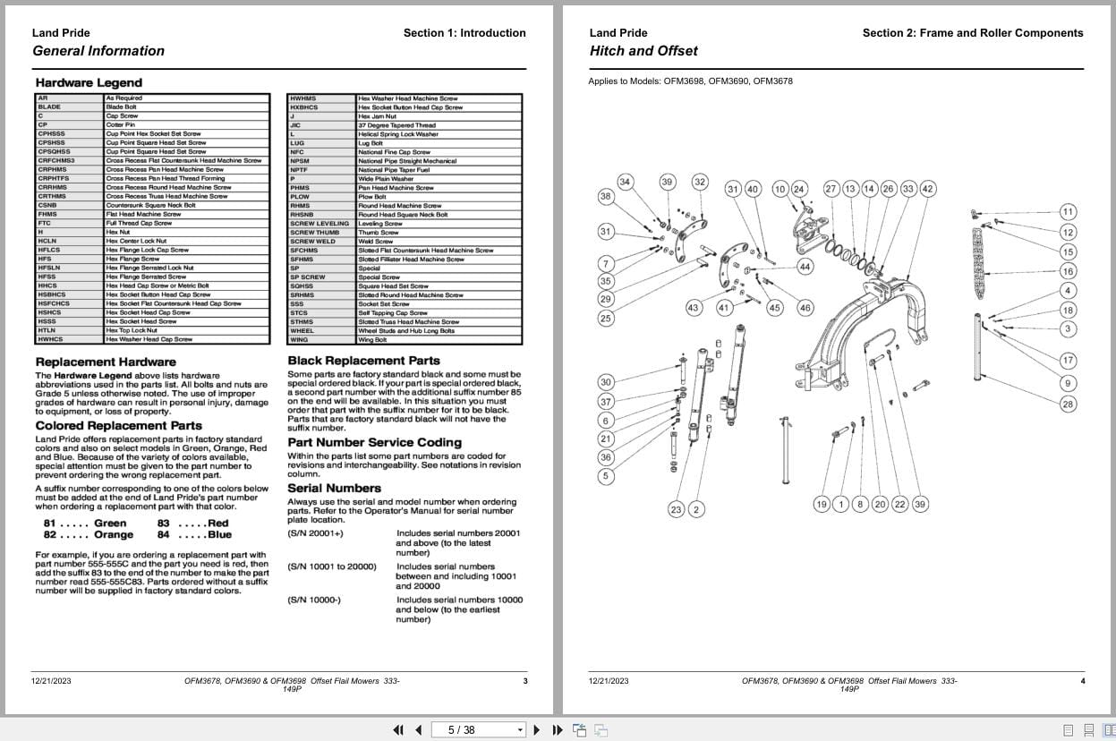 Land Pride Offset Flail Mower OFM3678 OFM3690 OFM3698 Parts Manual 333 149P (2)