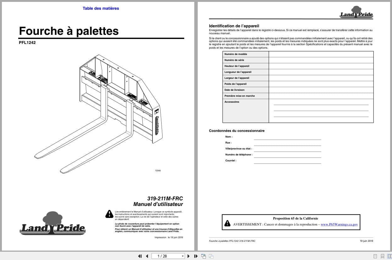 Land Pride Pallet Fork PFL1242 Operator Manual 319 211M FRC FR (1)