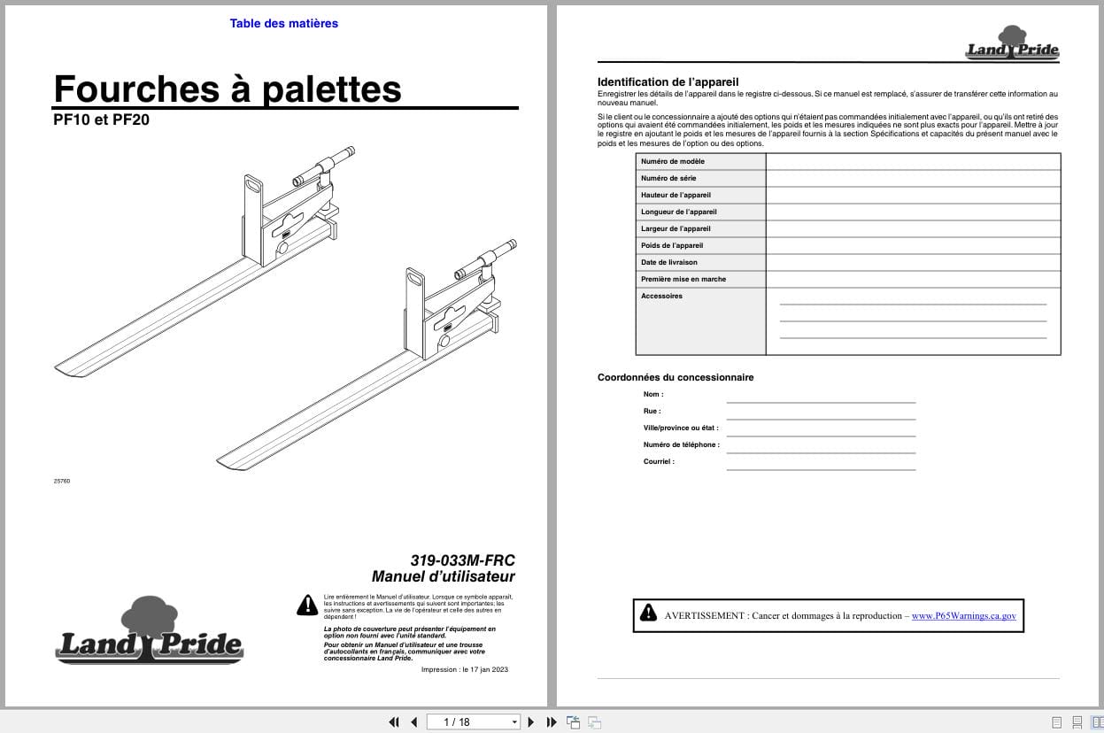 Land Pride Pallet Forks PF10 PF20 Operator Manual 319 033M FRC FR (1)